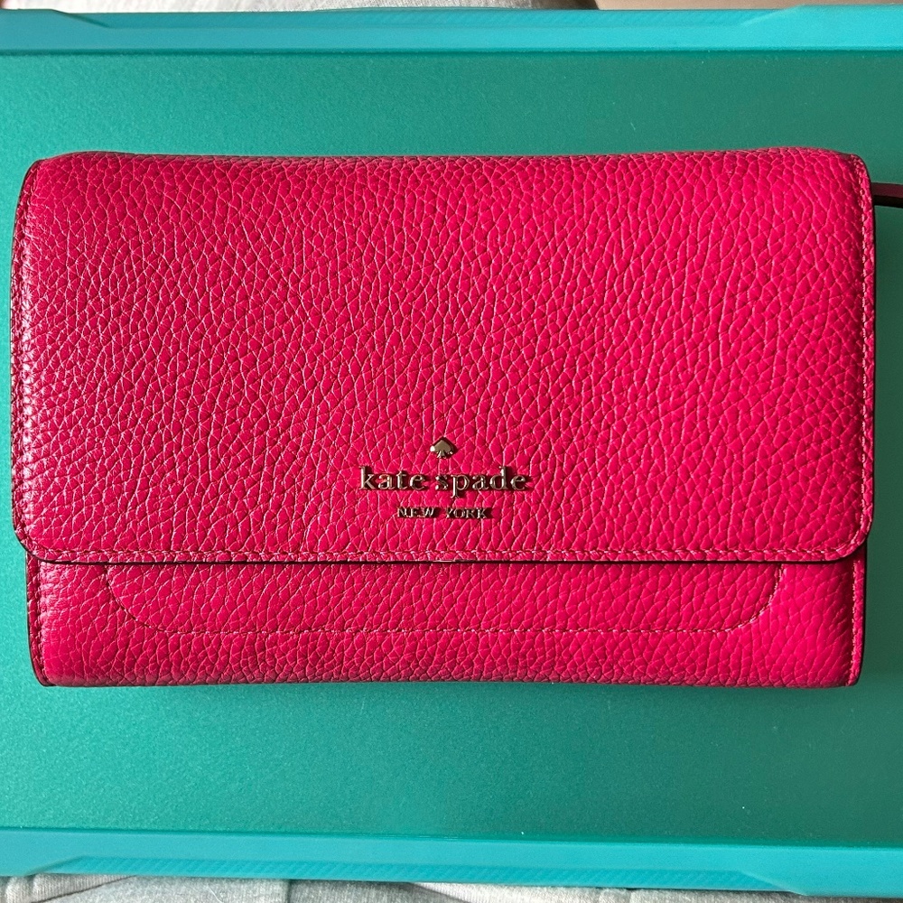 Kate Spade Pink Ruby pebbled leather wallet/crossbody with strap